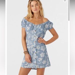 O'Neill Light Blue Floral Off-Shoulder Mini Dress